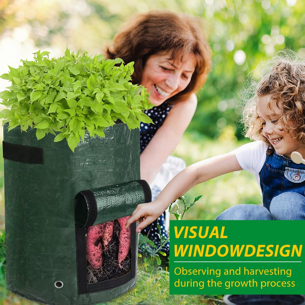 HASTHIP 4Pcs Vegetable Grow Bags Plant Pot Bags 10 Gallon Plant Grow Bags with Roll-up Side Flap & Handle Robust PE Plant Bags for Tomatoes, Peppers, Strawberries