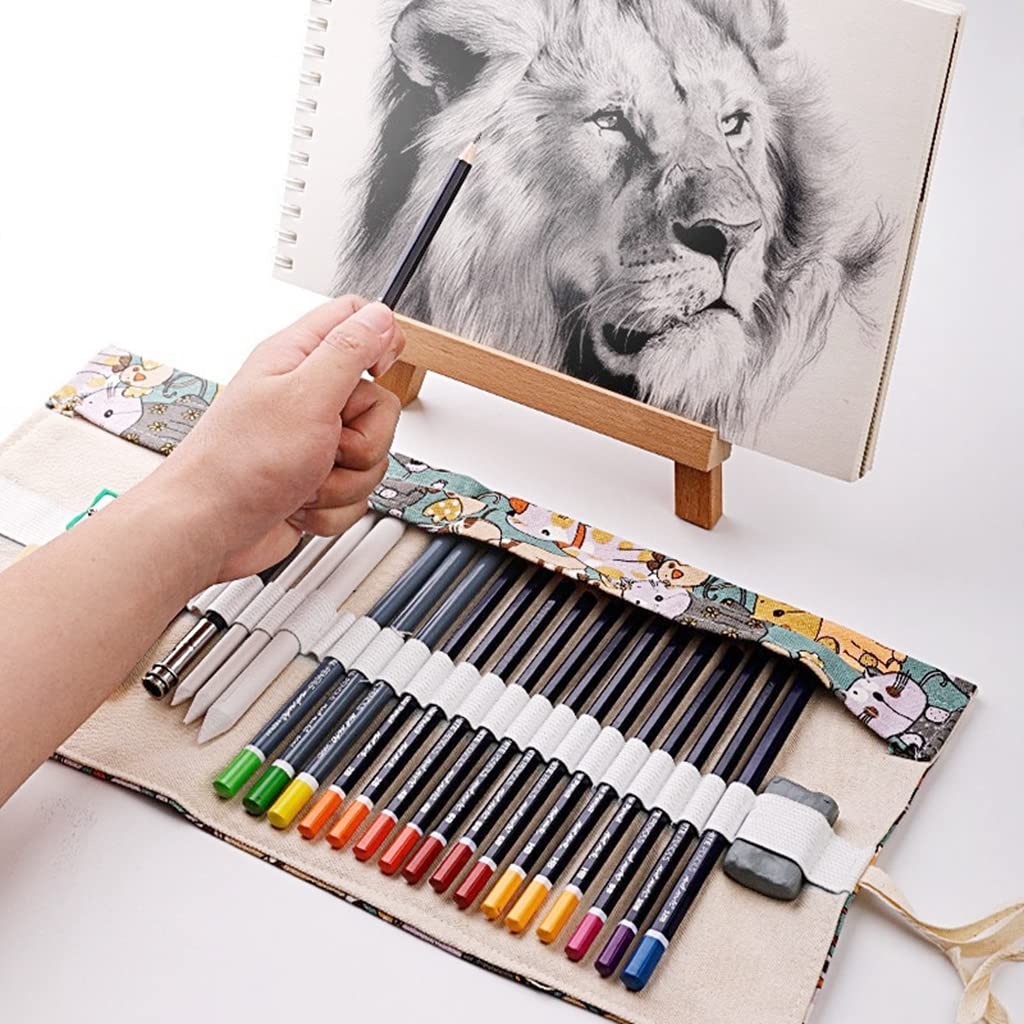 HASTHIP Roll up Pencil Case, 72 Holes Canvas Pencil Wrap Case for Adults and Kids, Colored Cartoon Prints Roll Up Pencil Pouch Gift for Students Sketching Drawing Writing Storage (Without Pencil)