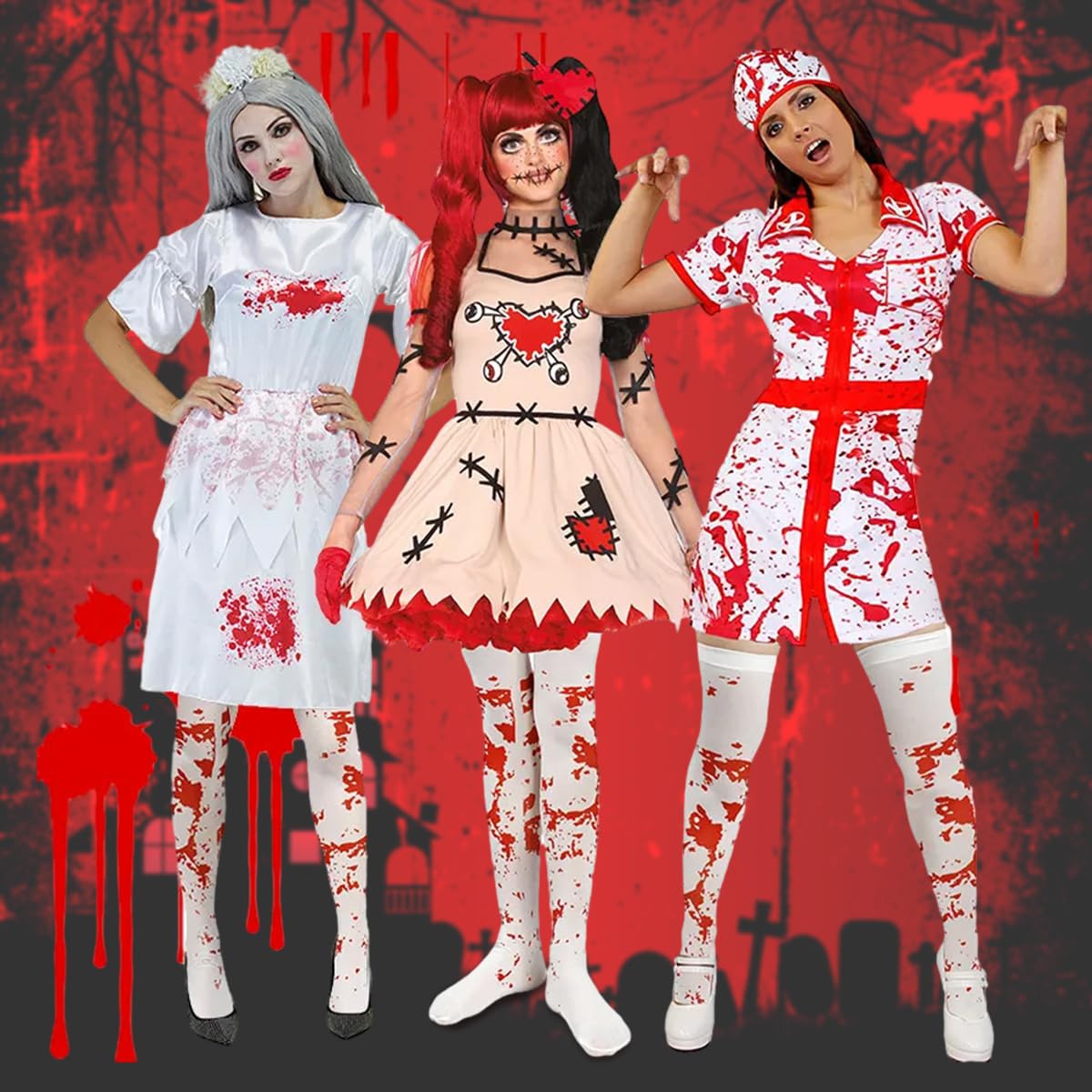 PALAY 2 Pairs Halloween Stockings Blood Stained Thigh High Socks Zombie Decoration Halloween Costume for Girls Women Cosplay Party Vivid Horror Pranks Socks