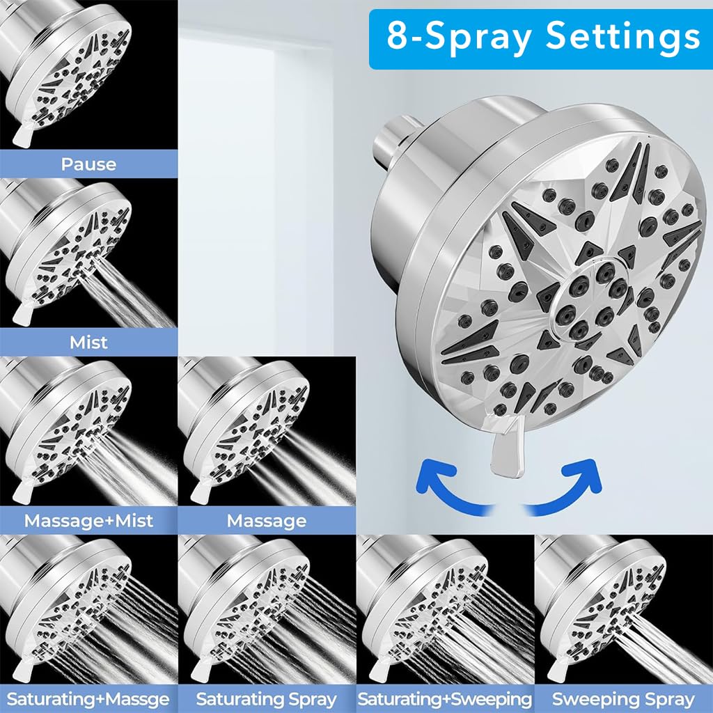 ZIBUYU Bathroom Shower Head Multi-Filtration Shower Head 360 ° Rotatable Shower Head with 8 Sprayer Modes 5.2 inches Modern Bathroom Pressurized Rain Shower Head Shower Water Softer