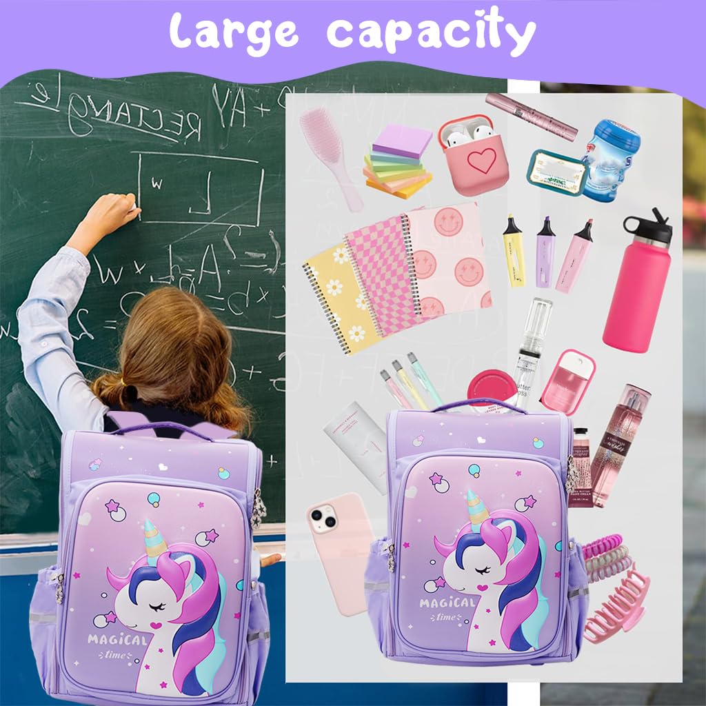 PALAY School Backpack for Girls Cartoon Unicorn School Backpack for Girls Double Layer Waterproof Primary Students Backpack Burden-relief School Backpack for Girls 6-8 Years Old Birthday Gift