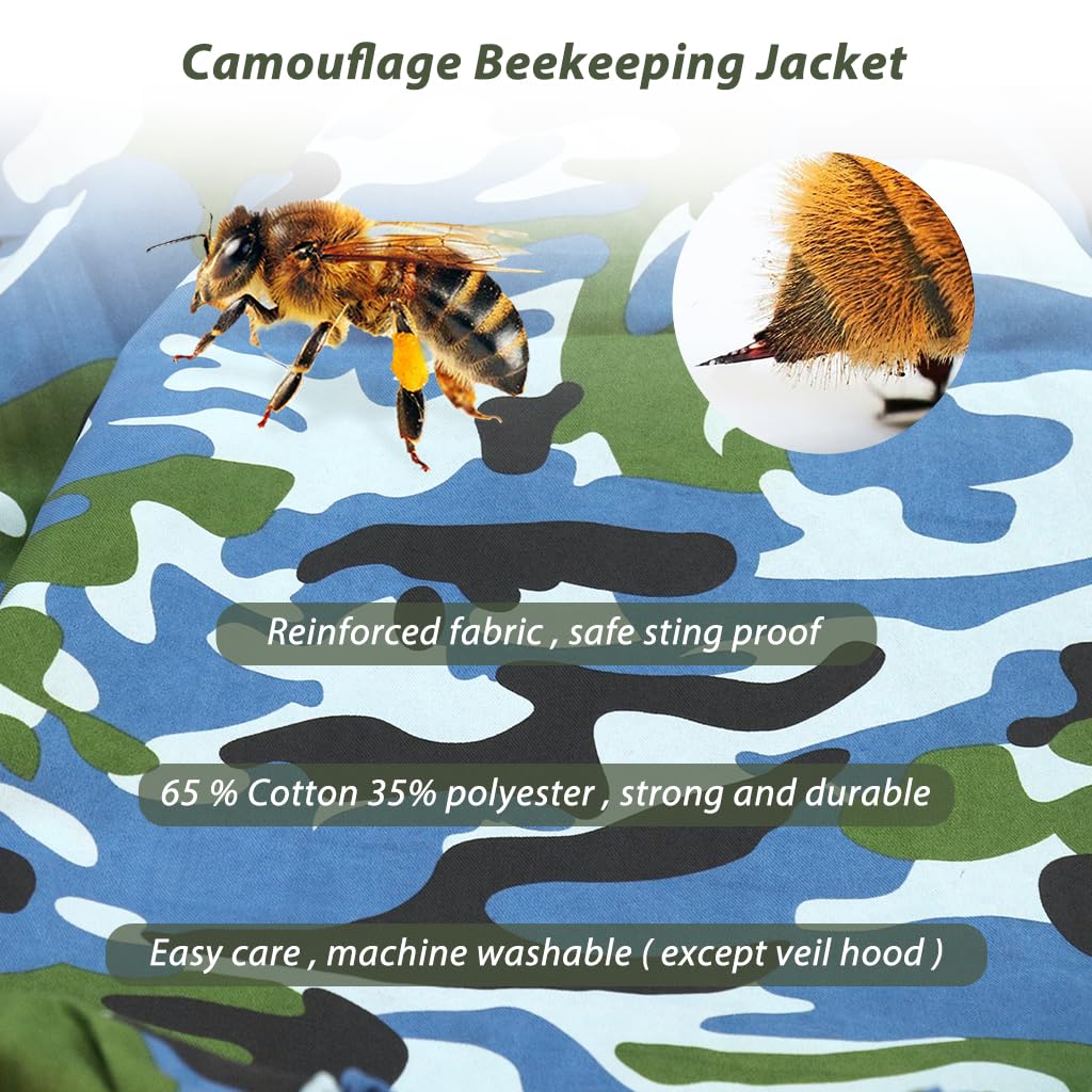 HASTHIP Bee Suit with Detachable Veil Hat, Camouflage Beekeeping Top, Protective Equipment, Elastic Cuff & Elastic Hem Closure