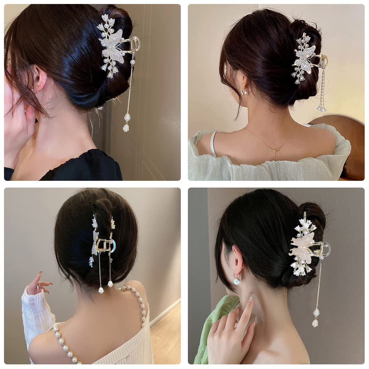 PALAY Pearl Hair Claw Clips for Women Tassel Butterfly Large Hair Clip Clutchers for Hair Golden Alloy Hair Styling Jaw Clips Bun Hair Accessories Gift
