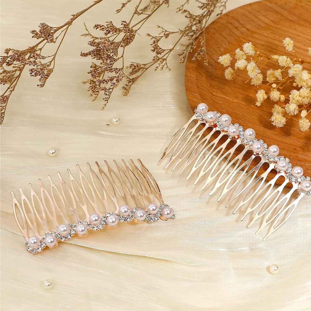 PALAY 2Pcs Pearl Hair Comb Pins Women Pearl Rhinestone Hair Pin Side Hair Comb Pin Women Rose Golden Alloy Pearl Rhinestone Bridal Hair Accessories Hair Pins