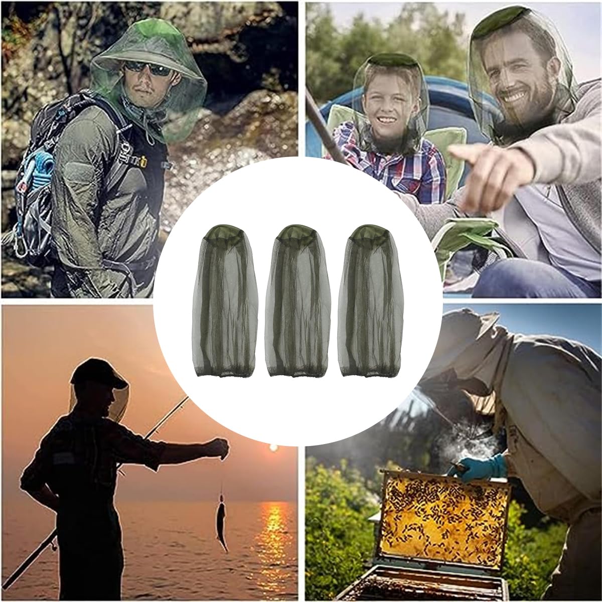 HASTHIP 3Pcs Mosquito Head Net for Hiking, Camping, Fishing, Insect Net Mask Cover with Extra Fine Fly Screen Holes for Head, Face, Neck From Bugs, Mosquitoes, Outdoor Protection for Men & Women
