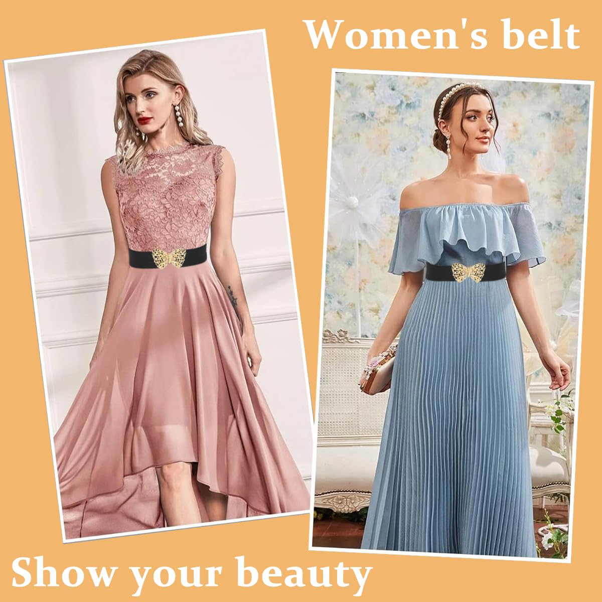 PALAY Waist Belt for Women Wide Elastic Black Belt for Women Dresses Fashion Metal Butterfly Interlock Buckle Stretchy Ladies Belt