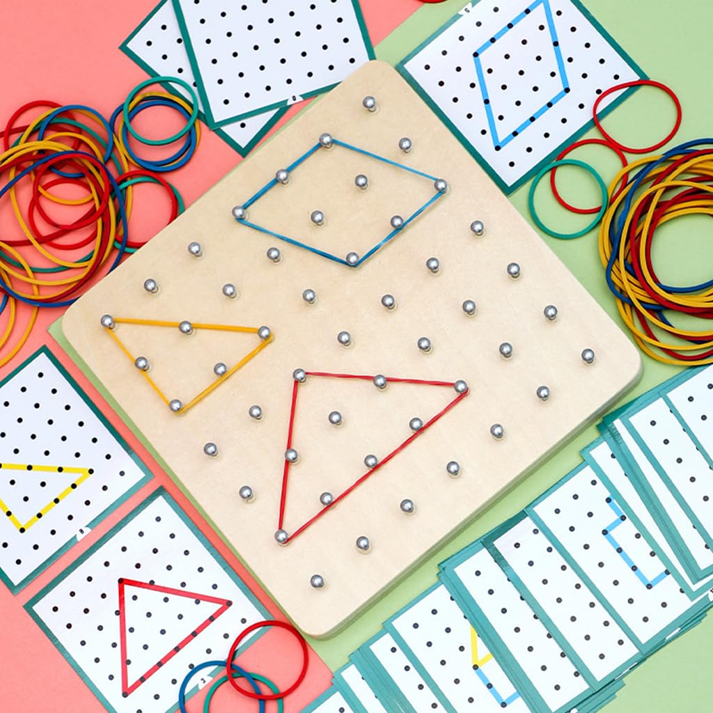 PATPAT Wooden Geoborad Wooden Toys for Kids Wooden Puzzles for Kids Montessori Toys, Portable Busy Board for Kids, Fine Motor Skill Toys for Kids, Wooden Game Board with Pattern Cards & Rubber Band