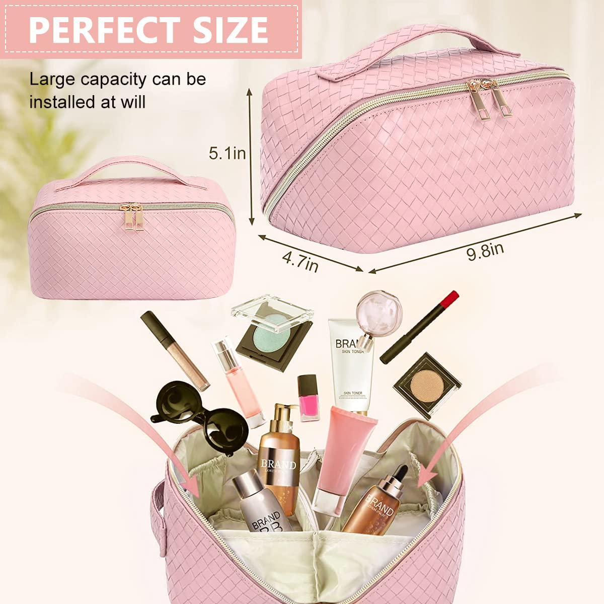 MAYCREATE Large Capacity Cosmetic Travel Bag, Cosmetic Pouch PU Waterproof Design with Handle and Divider, Wide Opening Cosmetic/Makeup Organizer Bags for Women