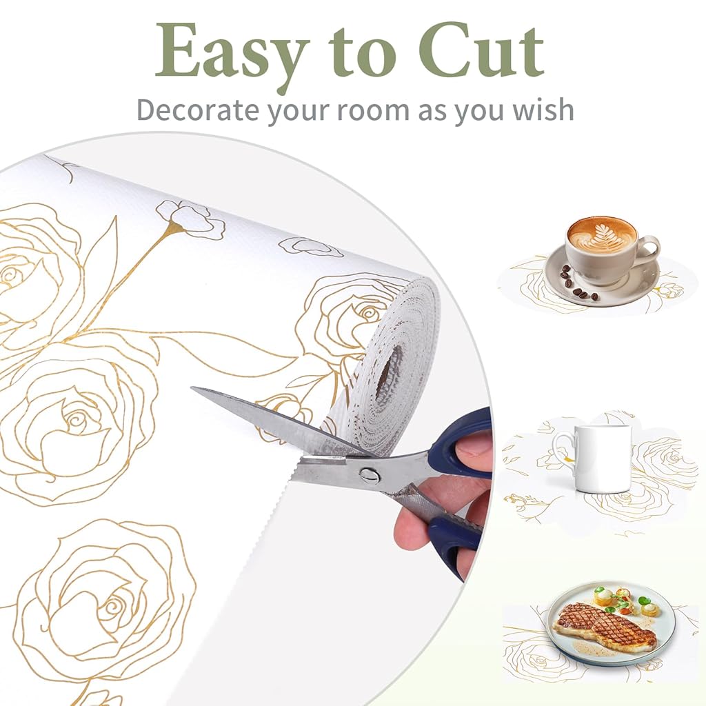 HASTHIP® 45cm x 300cm Non Adhesive Drawer Liner Gold Floral Thickened Shelf Liner Paper Strong Non-Slip Easy to Clean for Tool Box Refrigerator with Small (Random)