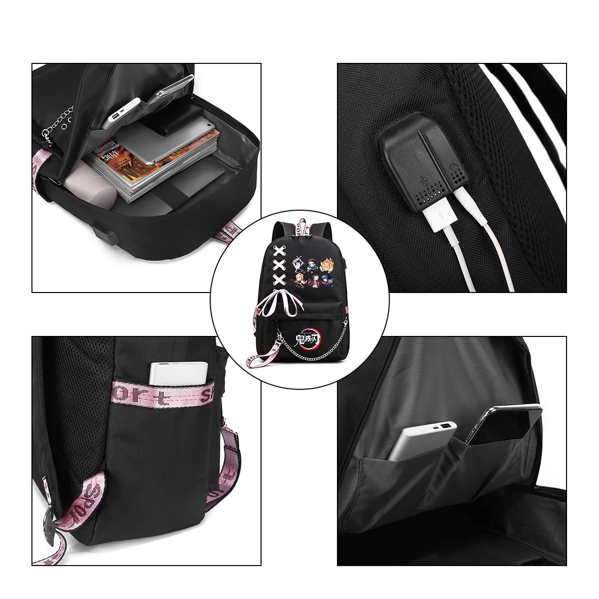 PALAY Demon Slayer Anime Backpack with USB Charging Port and Headphone Jack, Girls Large Travel Backpack 14 Inches Laptop Bag Cartoon Anime Print Backpack School Gift for Kids (Black)