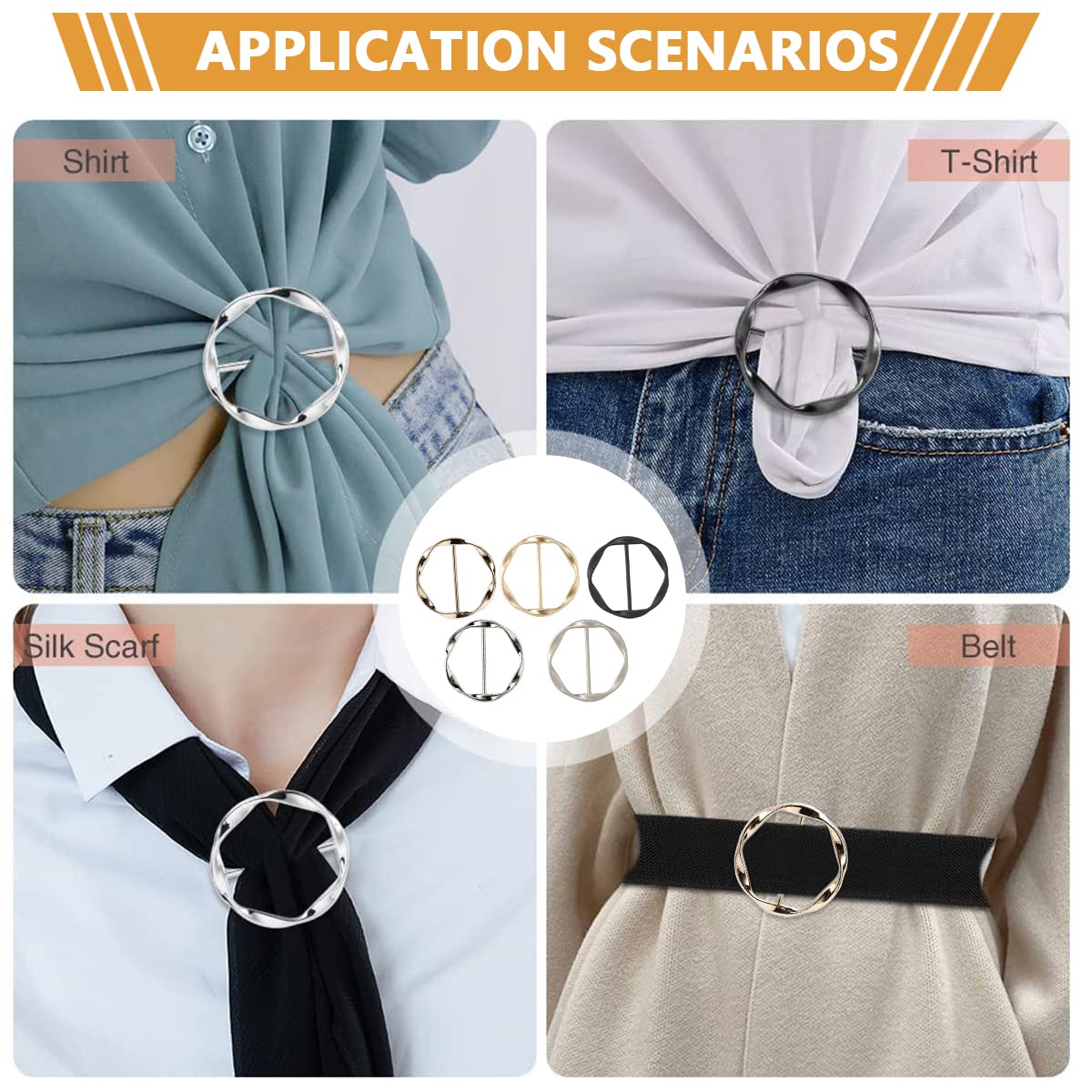 MAYCREATE 5Pcs Silk Scarf, Blouse, T-shirt Tie Rings Clips, Fashion Metal Clothes Circle Clip, Buckle Ring Wrap Holder for Women