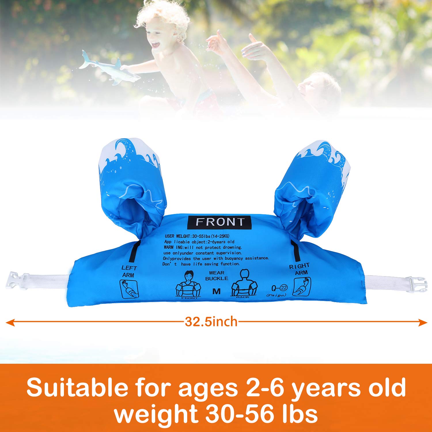 ZIBUYU 1 Pack Cute Fish Printed Float Arm Bands Swimming Trainer Vest Life Jacket Safety Gear for Baby & Boys & Girls from 2 to 6 Years 22 to 55 lbs ( Blue)