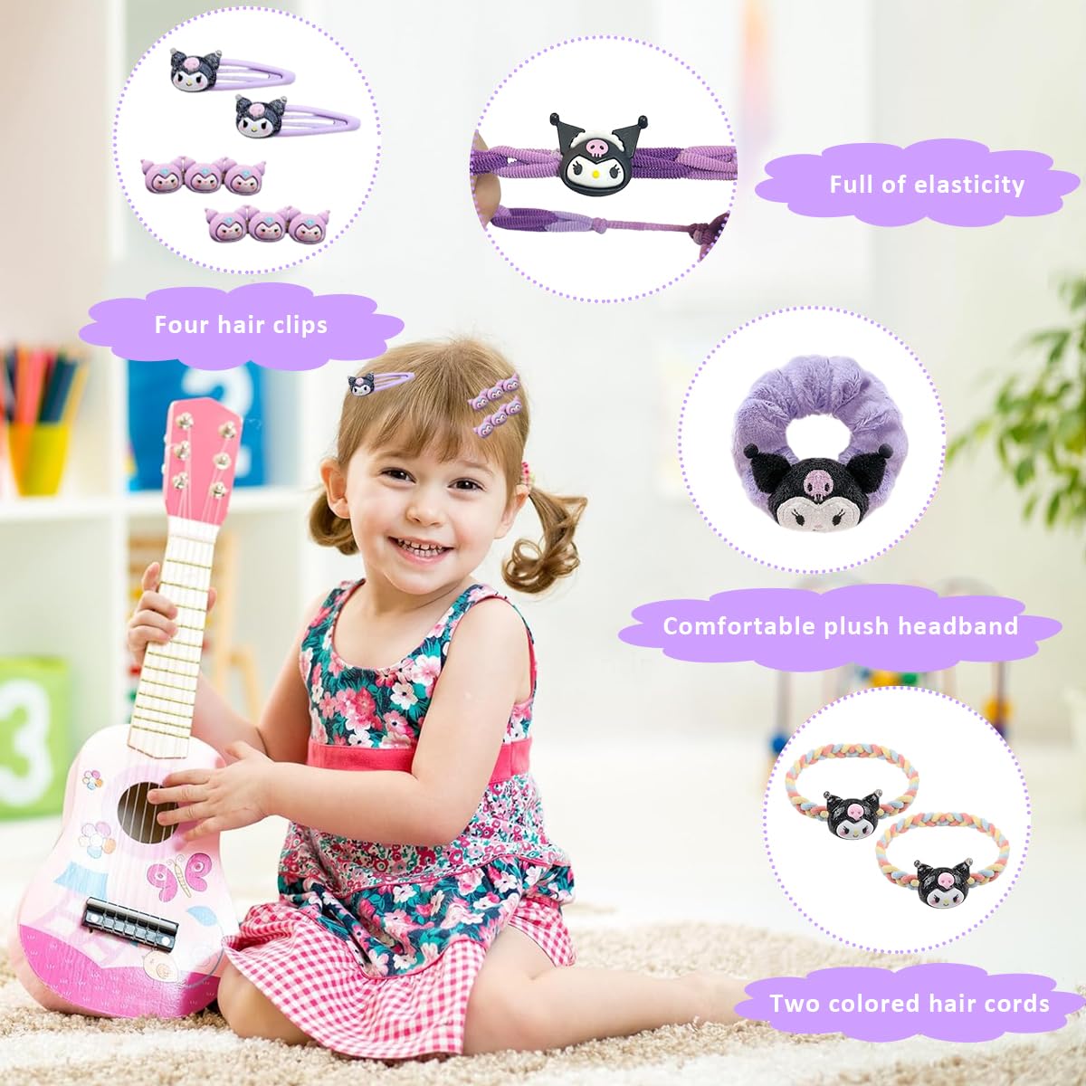 PATPAT Girls Kuromi Accessories Set Fashion Kuromi Wardrobe Accessories Gift Set of 10Pcs Kuromi Girls Headband Woven Rope Hair Tie Hair Clips Plush Hair Scrunchie Finger Rings