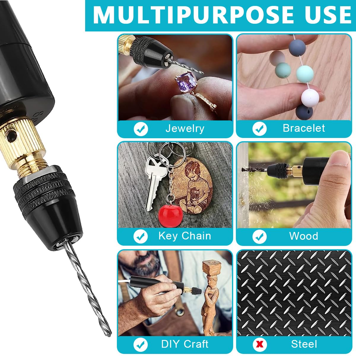 Serplex Mini Electric Drill Machine for Resin Craft, USB Electric Drill Kit with Wrench, Box of Drill Bit(0.8-3.0mm), 10pcs Keychain, 50pcs Screw Eyes, for Jewelry Making Tool, DIY Keychain Making