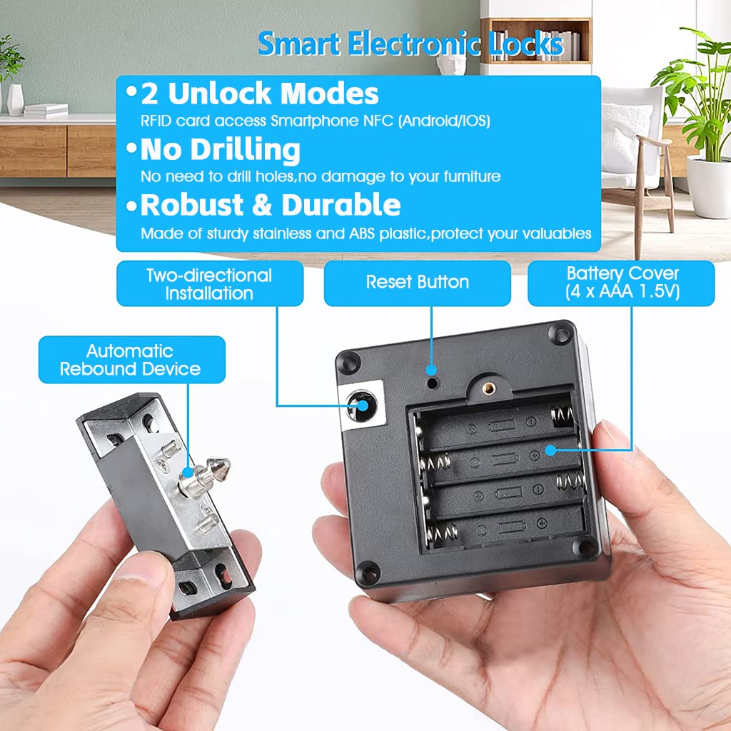 HASTHIP Cupboard Lock Smart APP & NFC RFID Lock for Cabinet Lock for Drawer Steel Solid Lock Core Invisible Lock Cabinet Card Sensor with 5CM Sensing Distance Lock Anti-Theft Smart Lock For Drawer