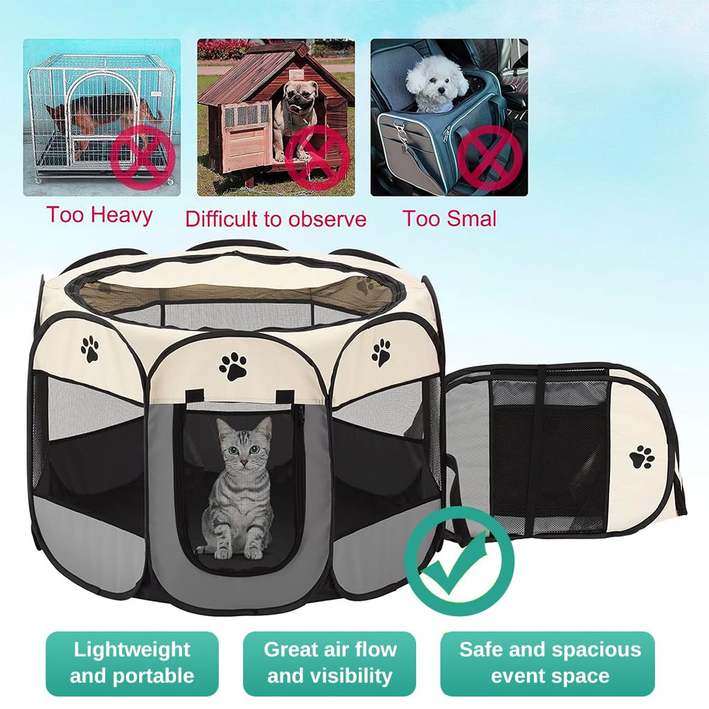 Qpets Foldable Pet Playpen Breathable Indoor Pet Fence Pet Enclosure with Mesh Window for Cat Dog Movable Pet Delivery Room Detachable Zipper Mesh Shade Cover, 28.7'' x 28.7''x16.9''