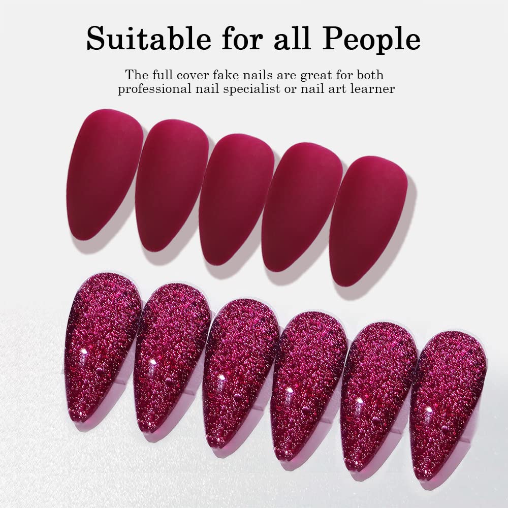 MAYCREATE Artificial Nails for Women, Matte Acrylic Full Cover, Double Sided Adhesive Tabs, False Ballerina Nails Extension with Nail Art, Rose Red, 24pcs