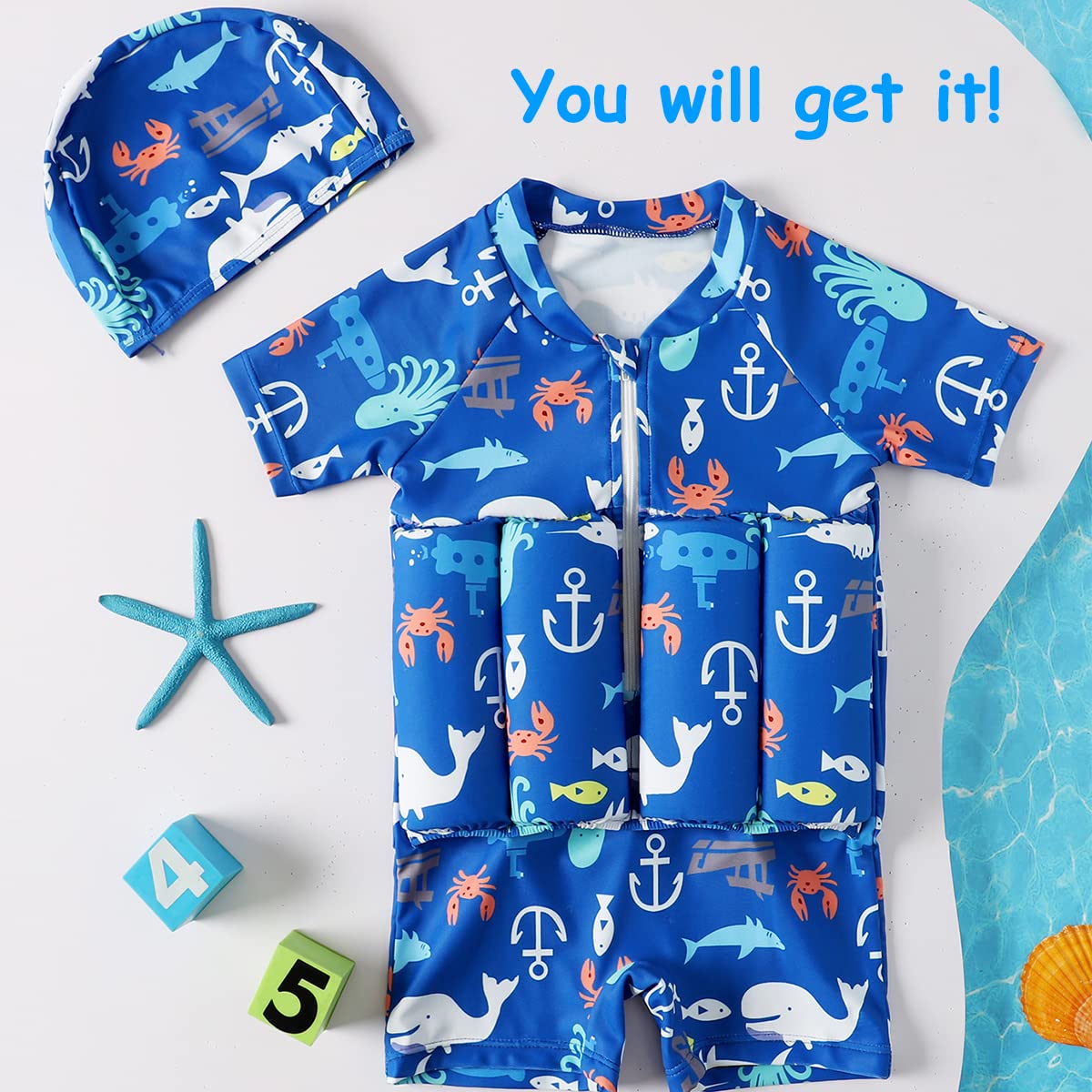 Proberos Swimming Costume Set for Kids with Swimming Cap and Detachable Life Jacket, Swim Suit for Boys Girls Height 100-110cm, Weight Below 25kg Blue