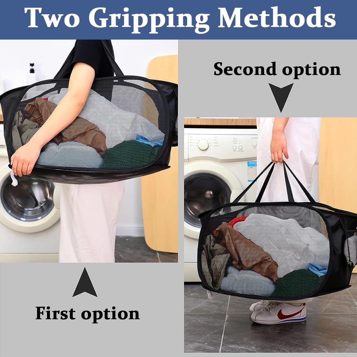HASTHIP Durable Collapsible Laundry Baskets, Foldable Clothes Storage Hamper with Reinforced Carry Handles, Portable Collapsible Clothes Baskets for Dorm, Bathroom & Travel, Black