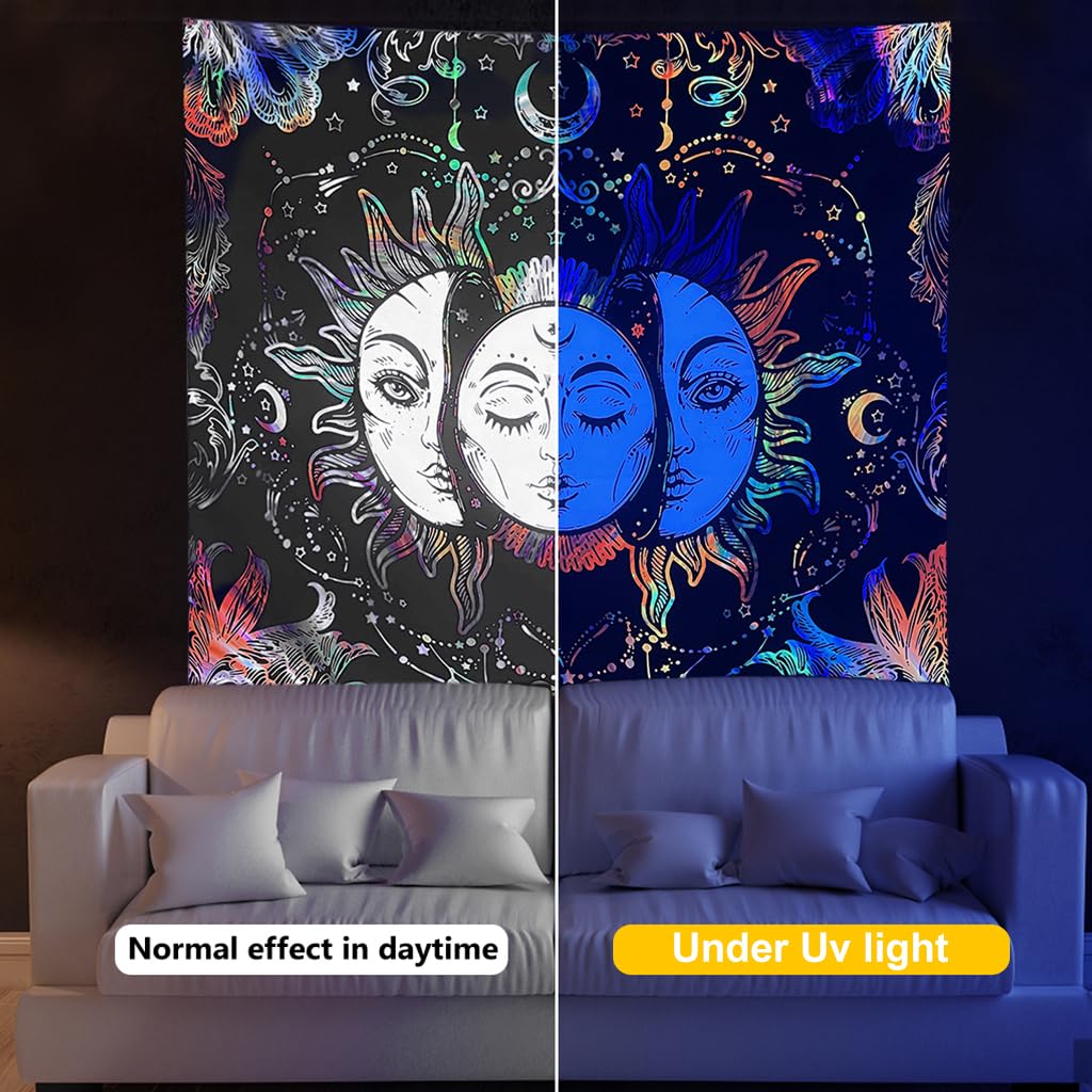 HASTHIP Uv Luminous Tapestry Uv Reactive Tapestry Glow In The Dark Sun And Moon Tapestry Uv Reactive Tapestry Wall Hanging (51Inch X 59Inch) (Multi-Colour)