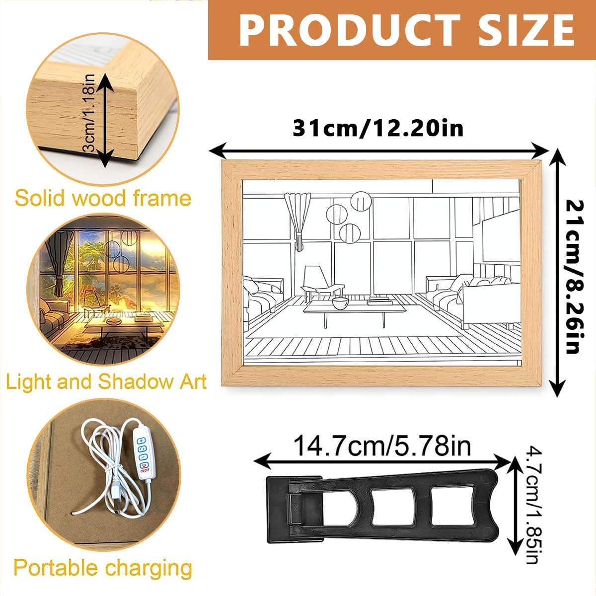 HASTHIP Wooden Framed Art Wall Lighting Painting Decoration, LED Glowing Photo Frame, Adjustable Acrylic Glass Painting Decorative, USB Powered, 3 Lighting Modes, Wall Decor for Home Bedroom (B)