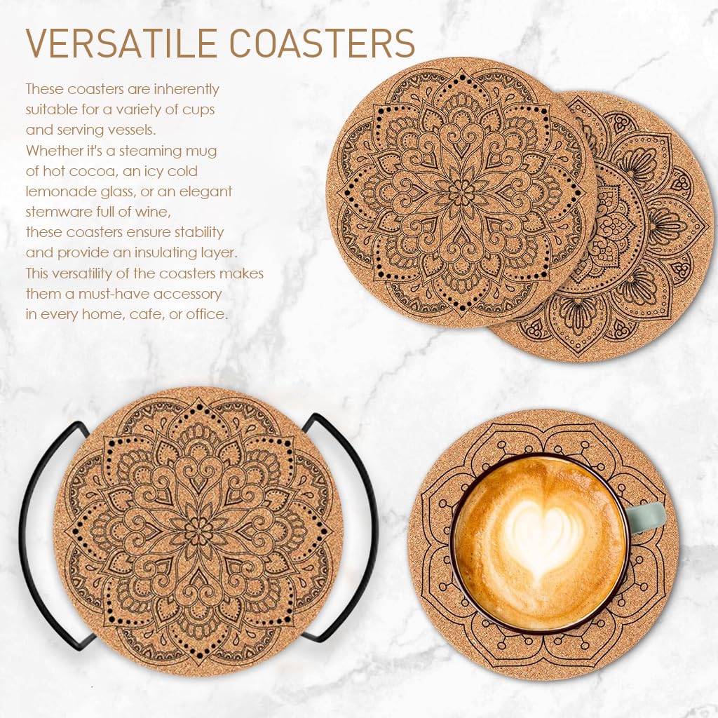HASTHIP 12Pcs Mandala Coaster Cork Mandala Embossing Coasters 3.9 Inches Cup Coasters with Coaster Organizer Rack Home Gift Aesthetic Home Coasters for Tea Cups, Coffee Cups, Mug