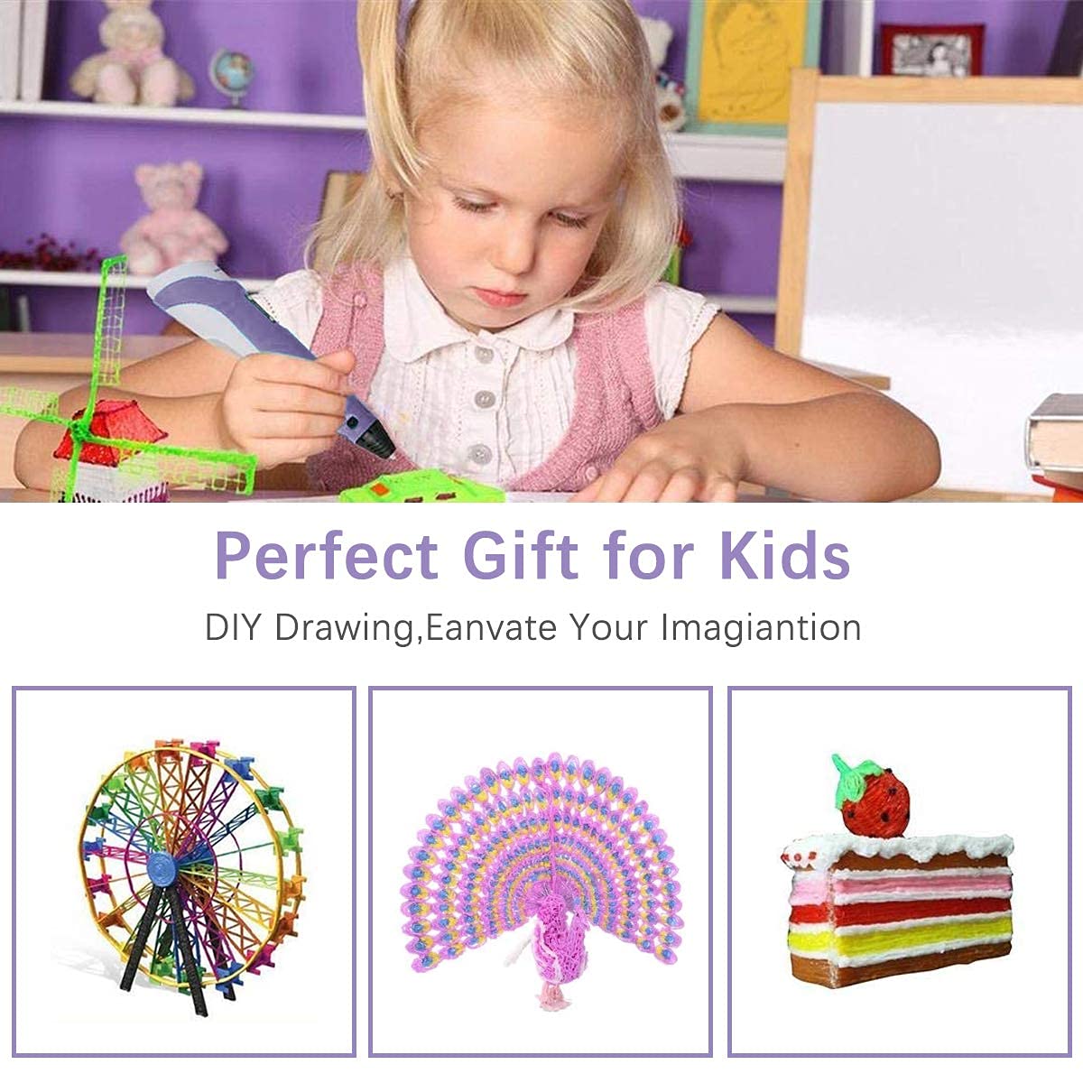 Verilux 3D Printing Pen,3D Pen with 3 Colors PLA Filament Refills,Compatible PLA & ABS,Creative Toy,Great Arts Crafts Gift for Kids & Adults (Purple)