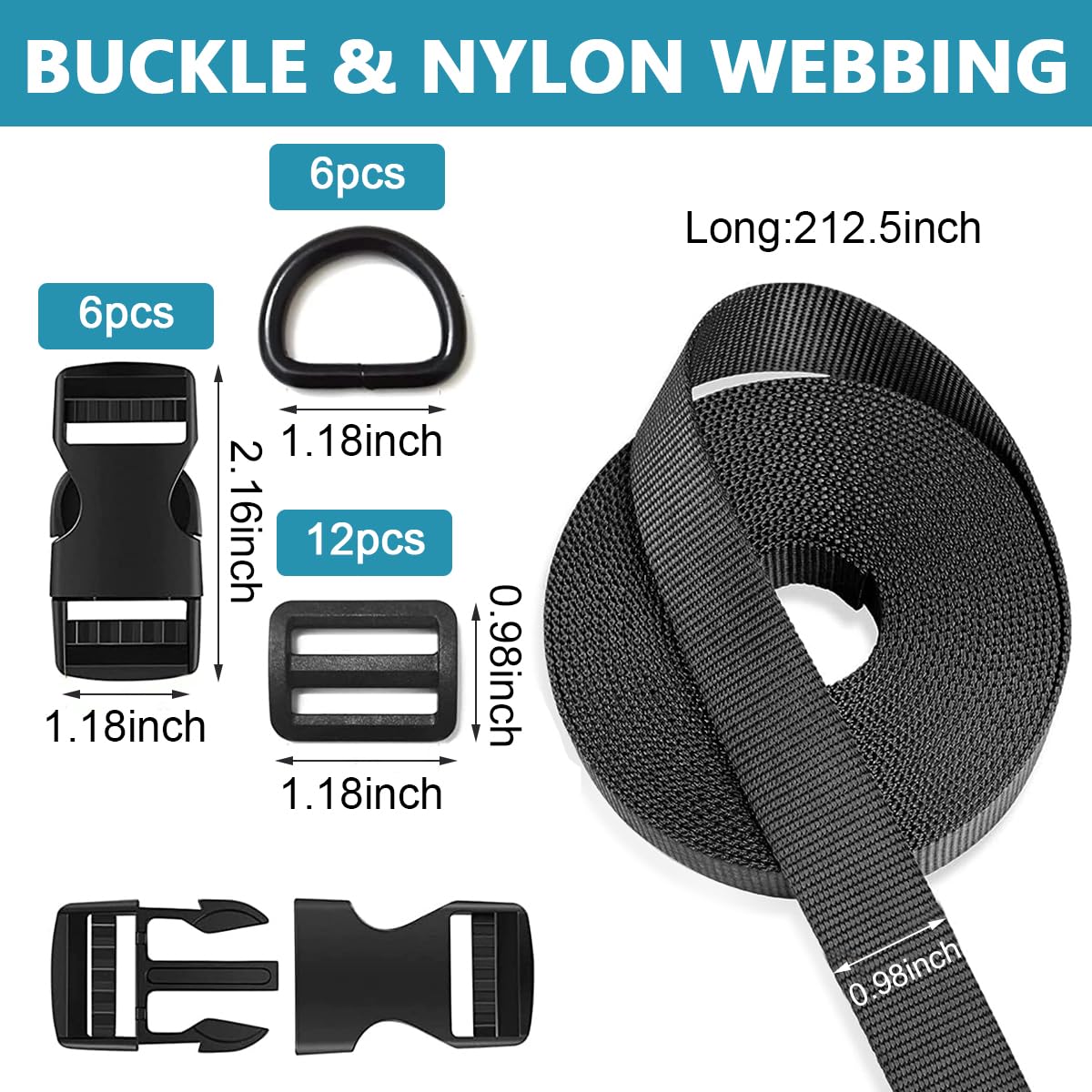 HASTHIP Buckle Strap Set with 6 Yards Nylon Webbing, 6Pcs Metal D Rings, 6Pcs Quick Side Release Plastic Buckles, 12Pcs Tri-glide Slide Clip for DIY Making Luggage Strap, Backpack Repairing