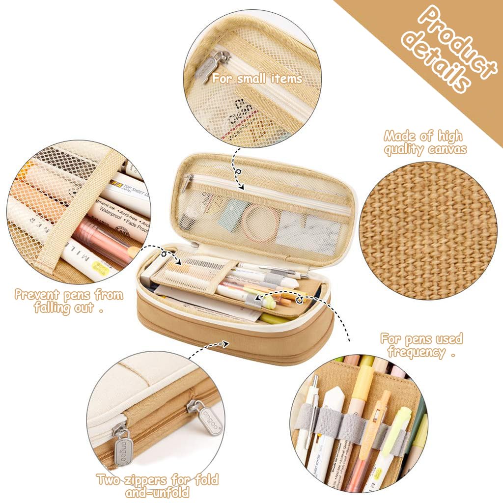 HASTHIP Large Capacity Pencil Case, Durable Storage Multiple Compartment Double Zipper Portable Capacity Pencil Pouch for College Student Teen, 22x11cm (Khaki)