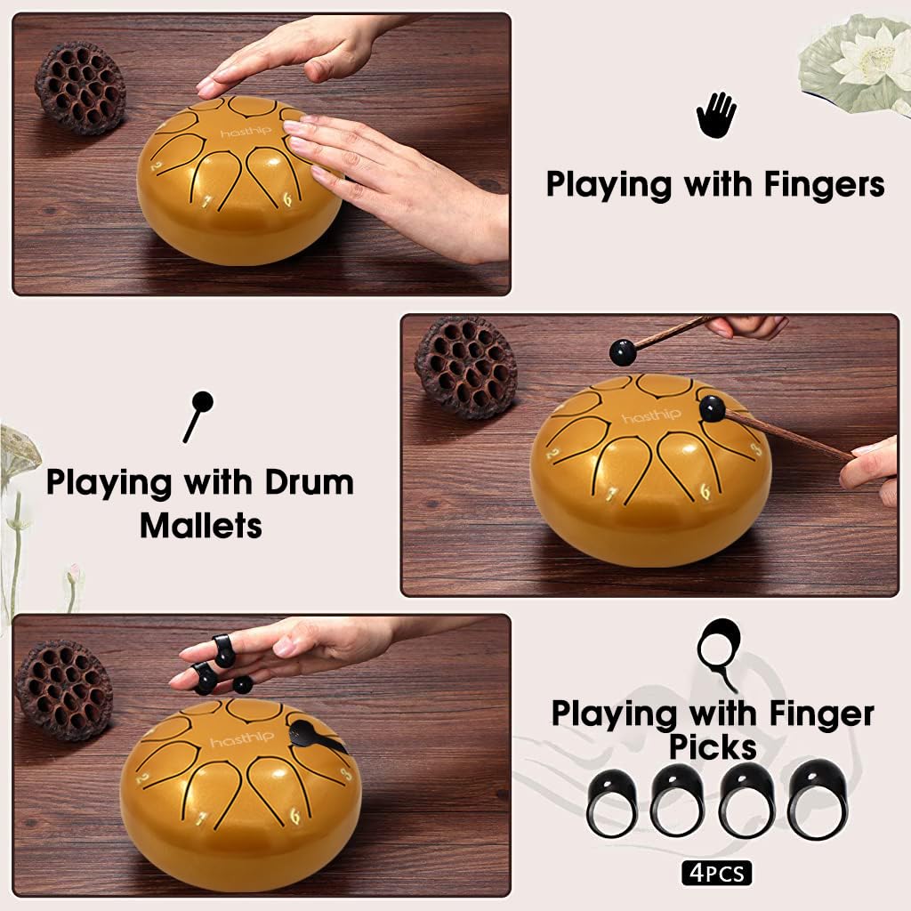 HASTHIP 6-inch Steel Tongue Drum 8 Note, Percussion Instrument Handpan Drum with Bag, Music Book and Mallets for Kids and Adults Meditation Musical Education Concert Mind Healing Yoga (Gold)