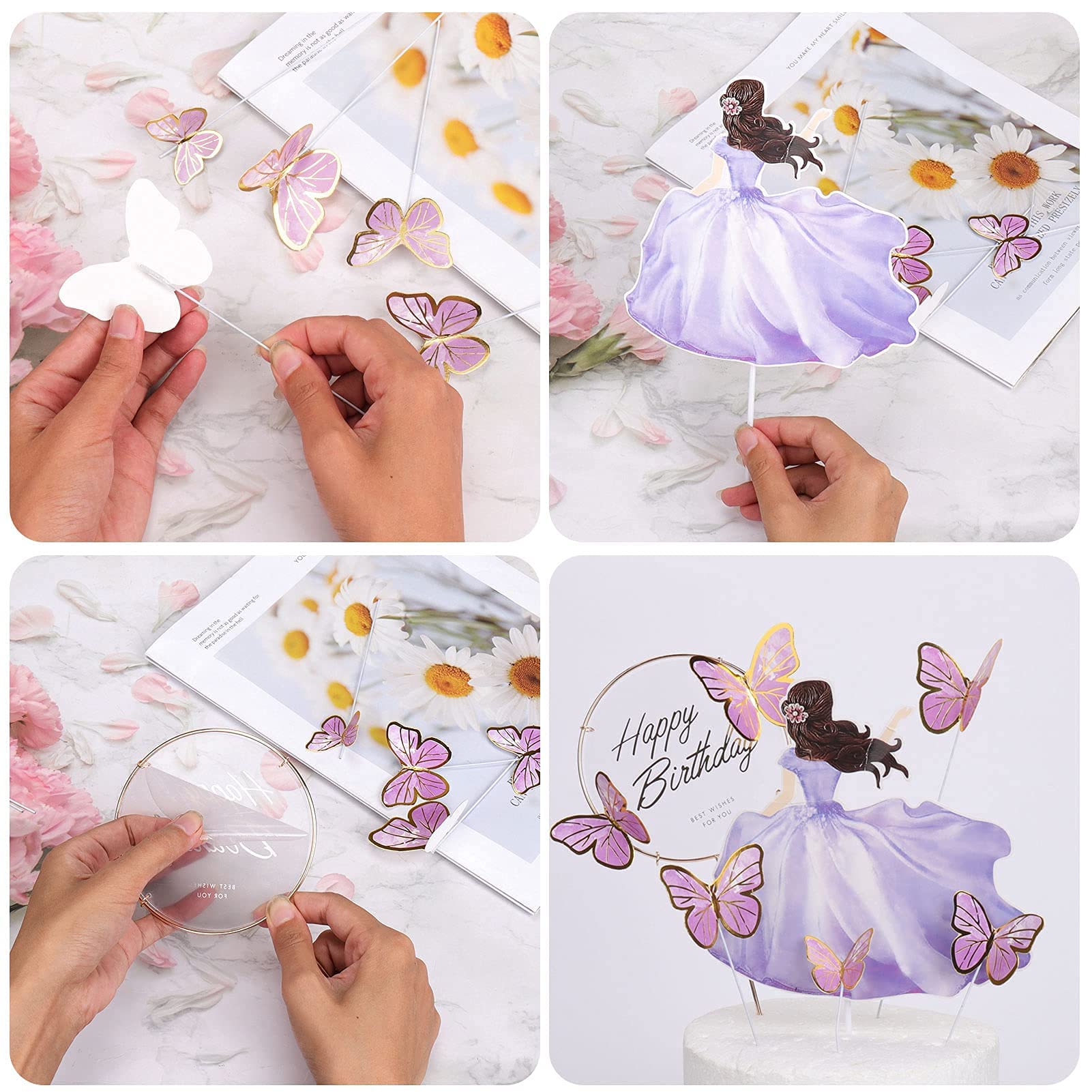 HASTHIP 56Pcs Set Butterfly Cake Decorations with Happy Birthday Cake Toppers for Girls Birthday, Party Decor Cute Cake Decoration Items (Purple)