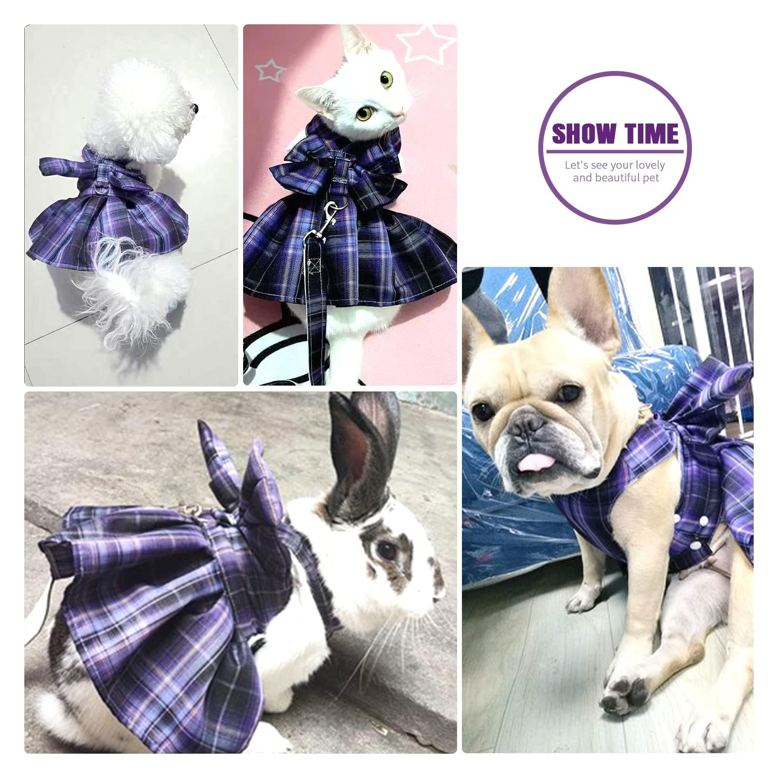 Qpets Dog Cat Dress Dog Skirt Harness with Leash Pet Purple Plaid Bow Tie with Attaching Ring Breathable Polyester Cat Clothes Dog Clothes for Chihuahua Yorkies Small Sized Pet Clothes(Size: S)