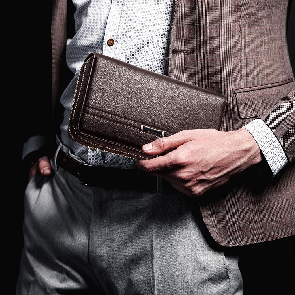 GUSTAVE Men Clutch Bag Fashion PU Leather Wallet Handbag Phone Bag Men Clutch Card Bag with Hand Grip Large Capacity Men's Phone Bag Casual Clutch Bag Father's Day Gift Gift for Men, Brown