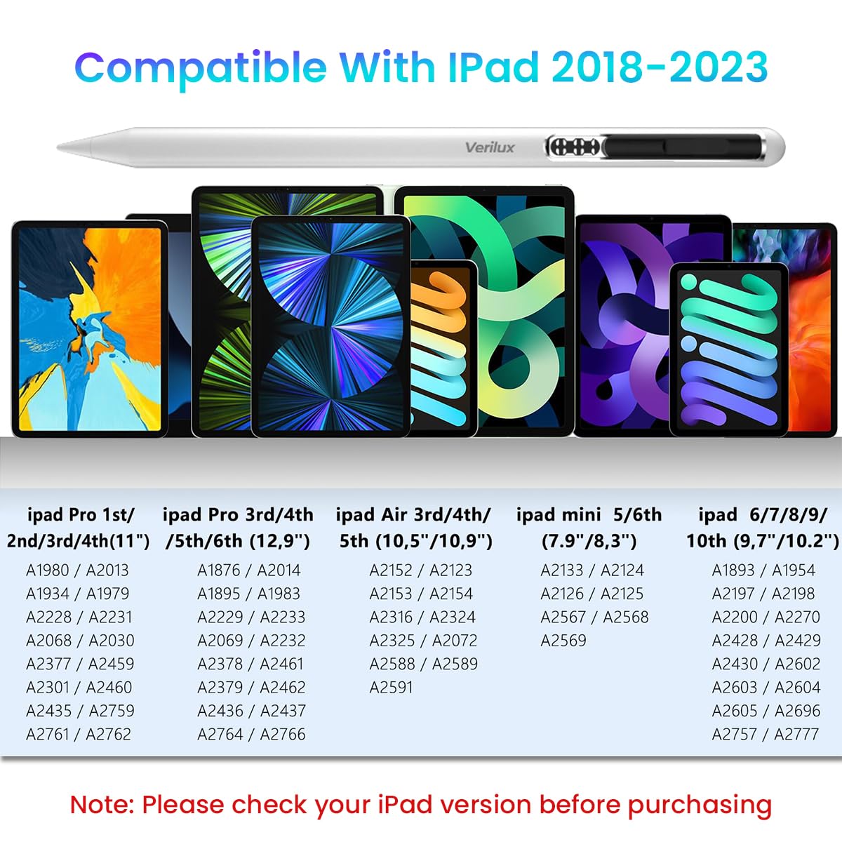 Verilux Stylus Pen for iPad, USB-C Apple Pencil with LED Power Display, Non-Bluetooth Connection Stylus Pen Compatible with iPad Pro 12.9/11