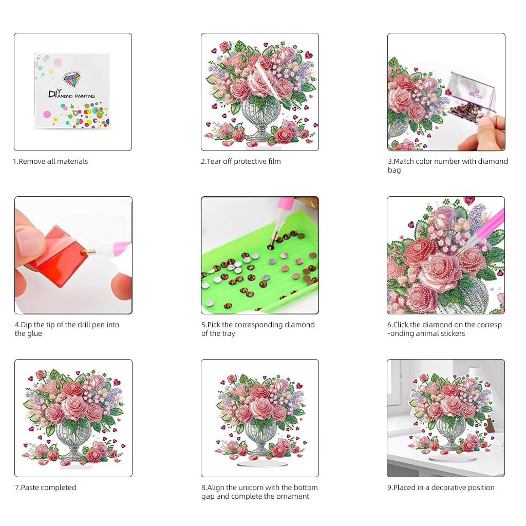 HASTHIP DIY Diamond Desktop Ornament Special Shaped Crystal Rose Bouquet Diamond Art Painting Acrylic Tabletop Ornaments Single Sided Diamond Home Decor, Gift DIY 5D Diamond Painting Art Kit