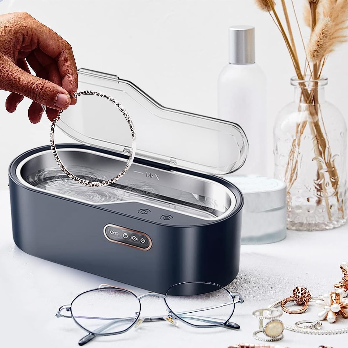 Serplex Ultrasonic Jewelry Cleaning, 450ml Ultrasonic Cleaning Machine with SUS 304 Stainless Steel Chamber, 45kHz Portable Household Cleaner for Cleaning Dentures, Jewelry, Eyeglasses, Watches, Ring