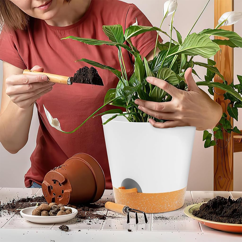 HASTHIP 6 Pcs Plastic Pots for Plants Kit - Plant Self Watering Plant Pots - Flower Pot with Drainage Holes & Saucers - Flower Pots for Home Decoration - Nursery Planting Pot for Indoor/Outdoor Plant
