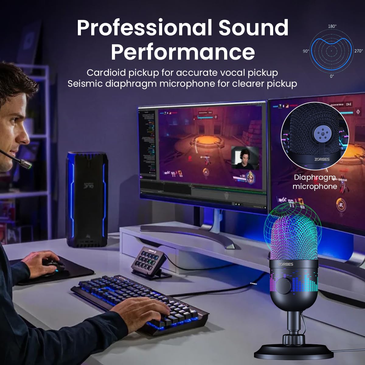 ZORBES USB Microphone Plug and Play Gaming Mic for PC, Mac, PS4/5, Podcast Microphone with RGB, Mute, Monitor, Built-in Smart Noise Reduction, Volume Gain, Great for Recording, Gaming