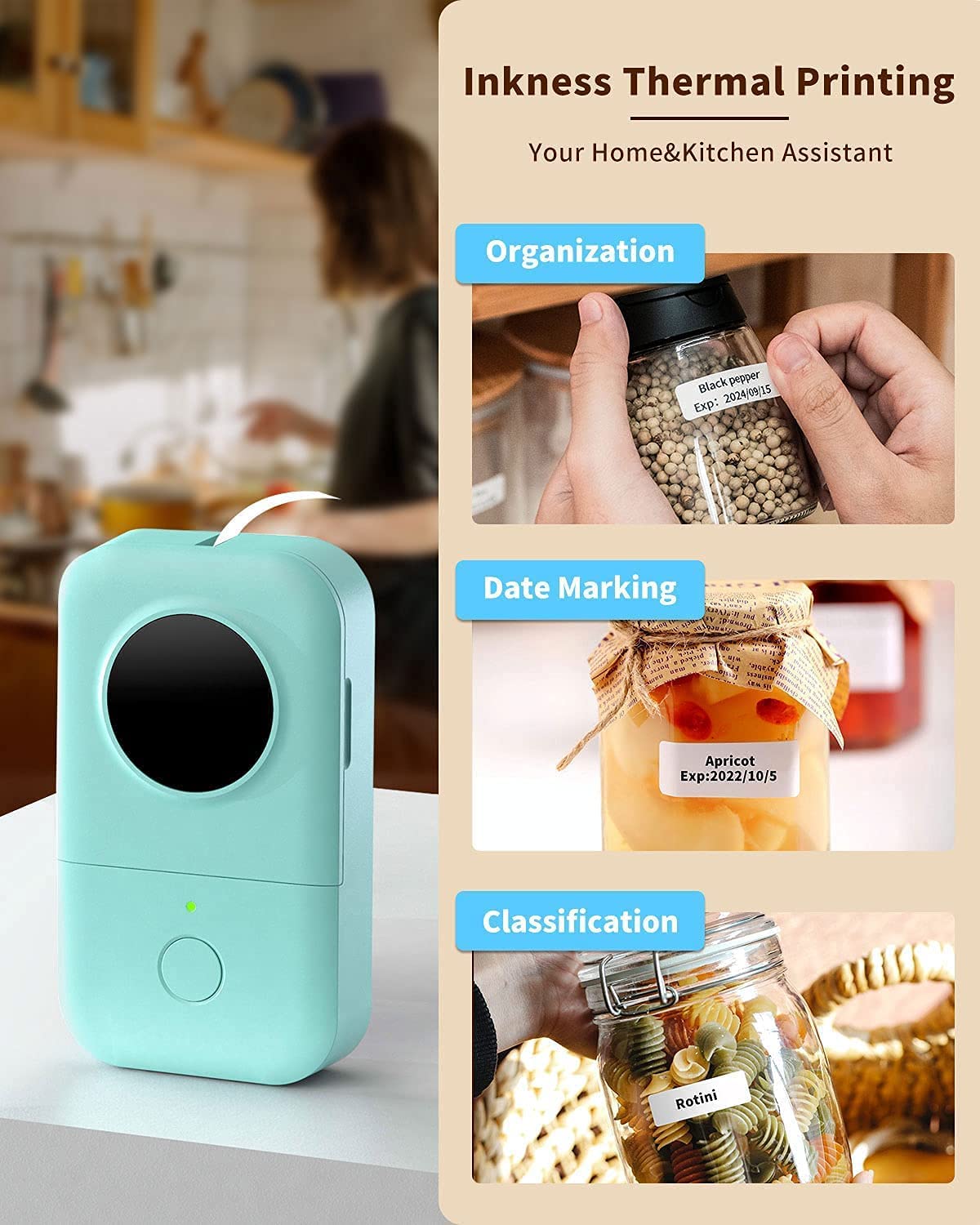 HASTHIP Mini Label Maker, Sticker Printer Machine with One Tape, Inkless Small Bluetooth Mini Label Printer for iOS and Android Thermal Inkless Printer for Home Office, Label Maker For Kitchen Jars
