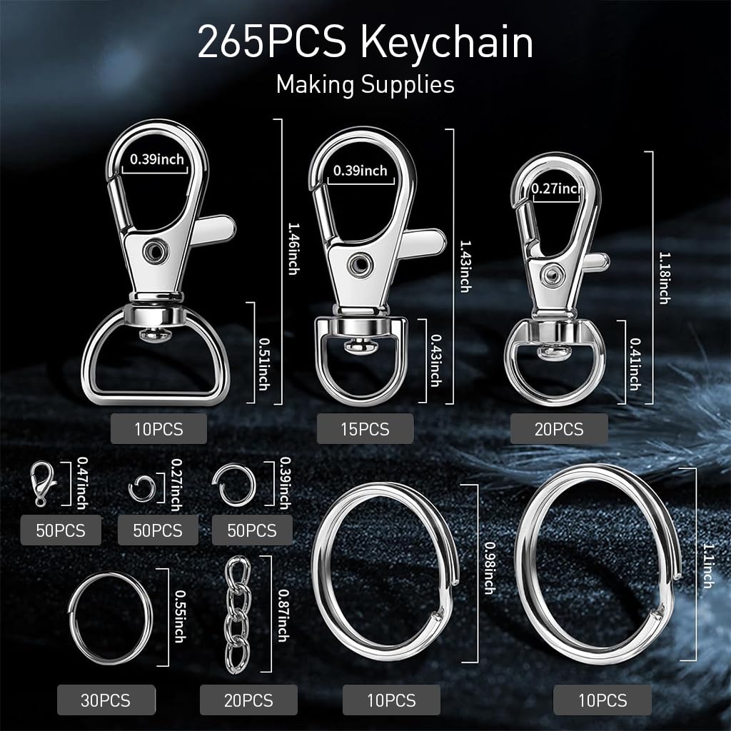 HASTHIP 265Pcs Keychain Clips Kit with Key Rings, Swivel Snap Hooks, Metal Lobster Clasps, Jewelry Extender Chains, Jump Rings, DIY Key Chain Kit for Room Keys, Key Pouchs Accessories