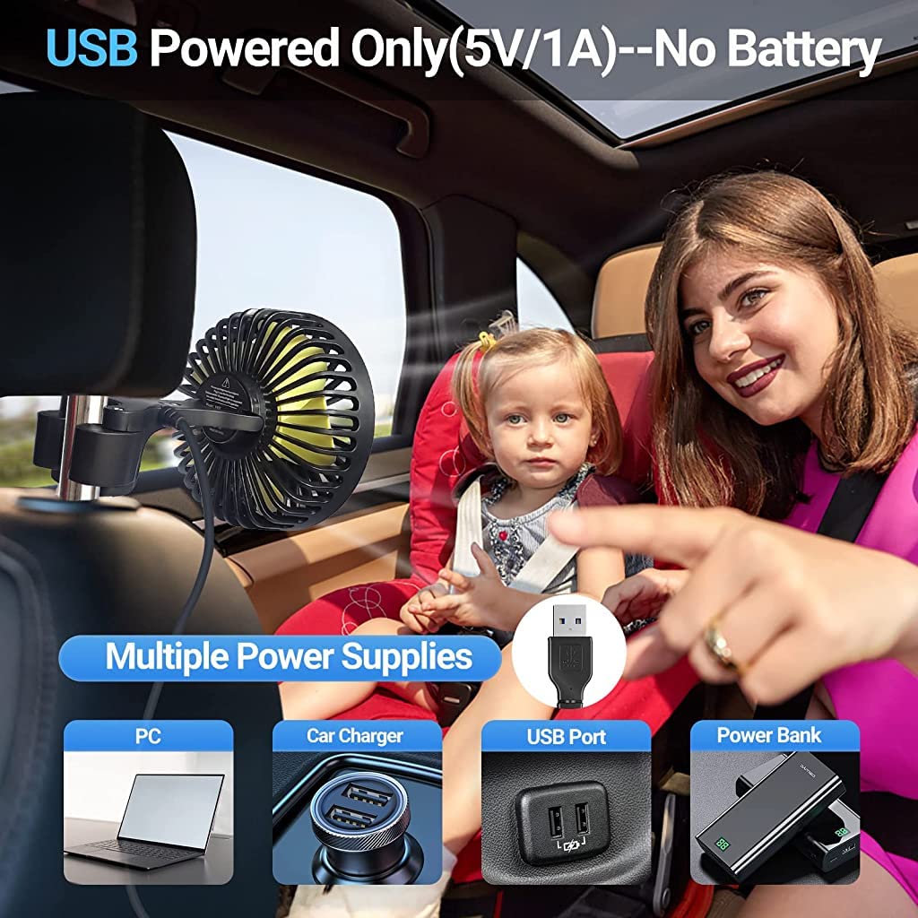 Verilux USB Fan for Car Back Seat, Headrest Mounted 5V USB Mini Fan with 3 Speed, Rotatable USB Fan with USB Cable, Switch Controller, USB fan for Baby, Back Seat Passengers, Plug and Play