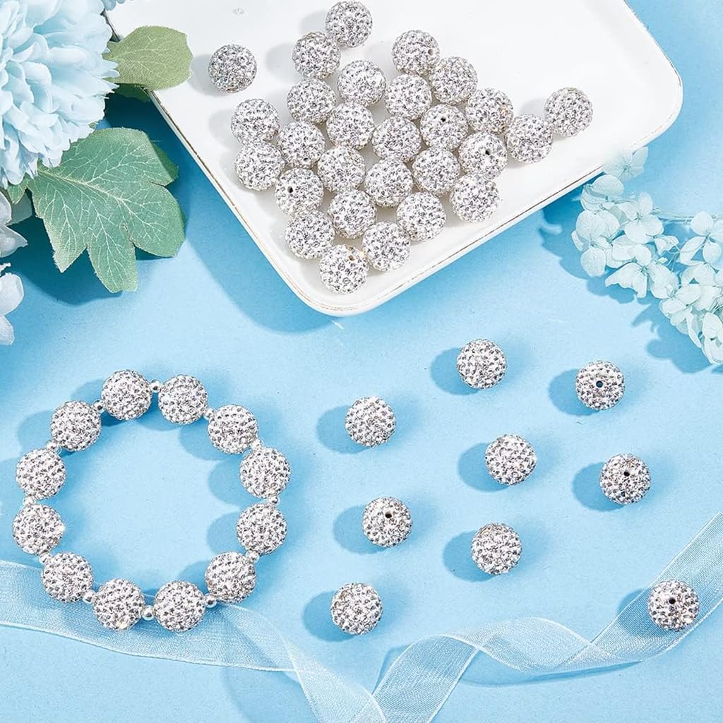 SANNIDHI 100Pcs Rhinestone Crystal Beads for Jewellery Making, 10mm Sparkle Clay Beads Kit, Polymer Ball Round Bracelet Beads White Craft Beads for Necklace Bracelet Earring Making Party Decor