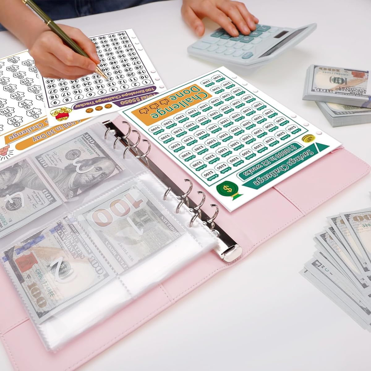 HASTHIP 100 Envelopes Money Saving Challenge Binder Budgeting Planner $5050 Reusable Portable Organizer Money Saving Challenge Book
