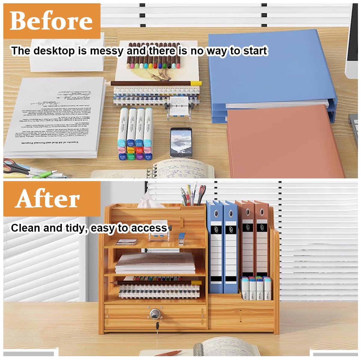 Climberty Wooden Desk Organizer, Desktop Organizer Set, Multifunctional Desktop Bookshelf for Office Supplies, Pen Holder and Tissue Holder for Kids Room, Desktop, Office, Reading Room