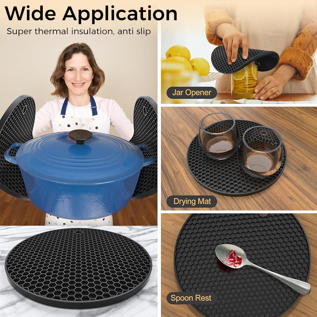 ZIBUYU Trivet Mats for Kitchen Round Silicone Trivets for Dining Table Surface Protector Honeycomb Design Round Silicone Coaster for Hot Utensils, Cup, Hot Plate Mats for Kitchen (7 inch), Black - 3