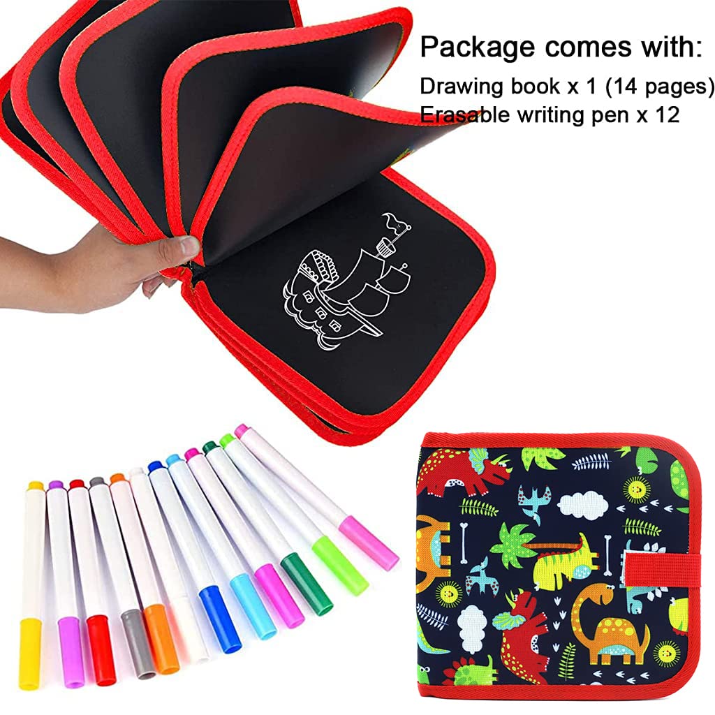 PATPAT Erasable Doodle Drawing Book, 14 Pages Reusable Drawing Pads with 12 Water-Soluble Chalk Markers for Children, Preschool Art Toy, Portable Writing Painting Gift Set for Boys and Girls-Red