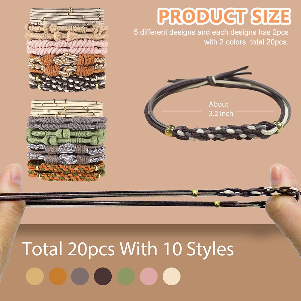 PALAY 20pcs Elastic Hair Ties Bracelets Set Braided Boho Hair Rubber Band for Girls Women, 5 Styles Hair Elastics Hair Band for Thick Hair Ponytails