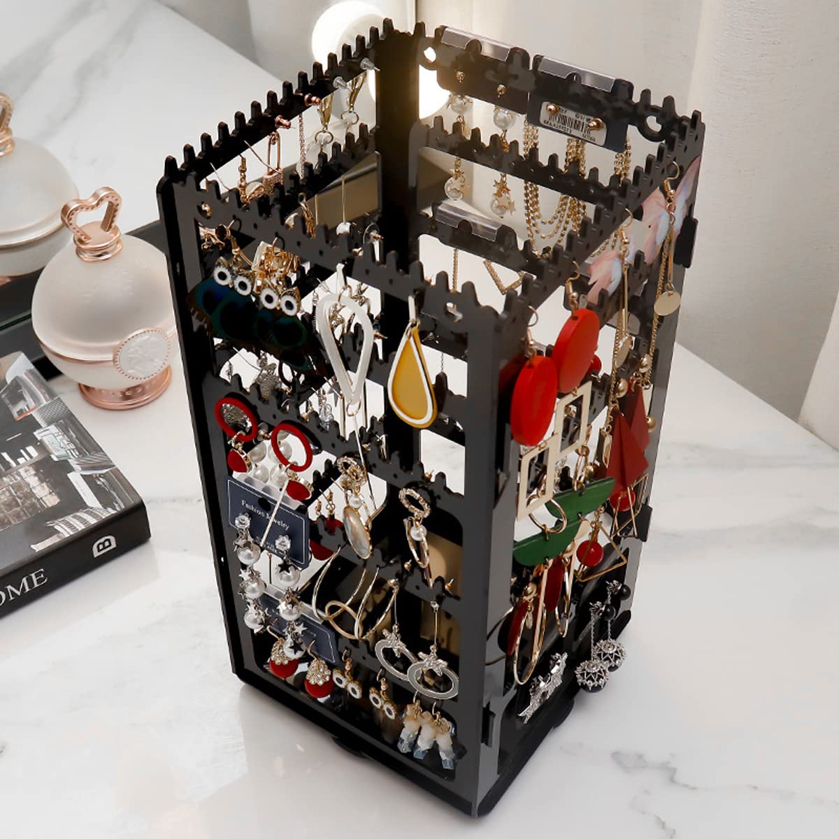 HASTHIP 360° Rotatable Earrings Organizer Rack, 5 Layer Earring Holder Display Stand Jewelry Organizer for Ear Studs Necklace Bracelet (Black)