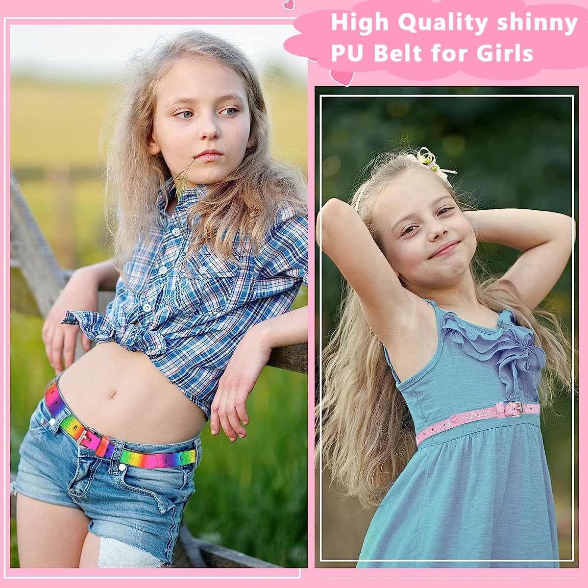 PALAY 2 Pack Belt for Girls, Glittering PU Leather Girls Belt, Rainbow Waist Belt for Jeans Pants Dress, 35.4in Metal Buckle Belt for Kids Girl 6-12 Years Old (Pink & Rainbow)