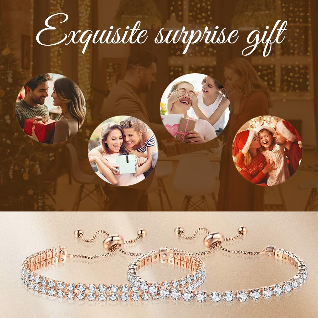 SANNIDHI 2Pcs Tennis Bracelets for Women Stylish, Rose Gold Cubic Zirconia CZ Dainty Bracelet for Women Brides, Stackable Fashion Jewelry Wedding Prom Birthday Christmas Gift